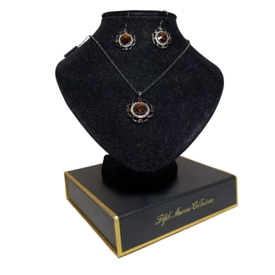 Fifth Avenue Collection Womens Earrings/Necklace Set Black/Brown