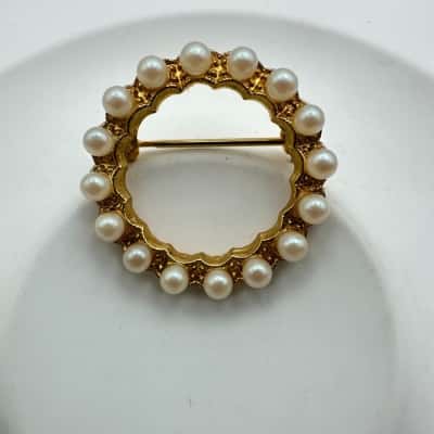 Golden Tone Faux Seed Pearl  Brooch