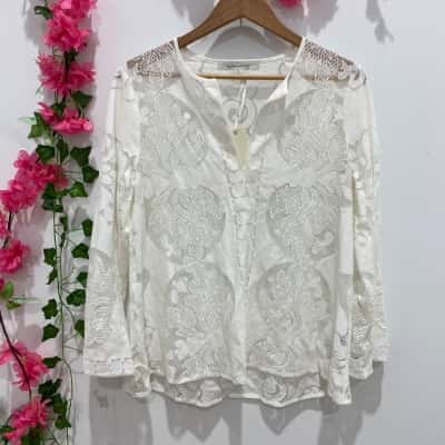 Laura Ashley Womens Long Sleeve Lace Top Size 10 White 