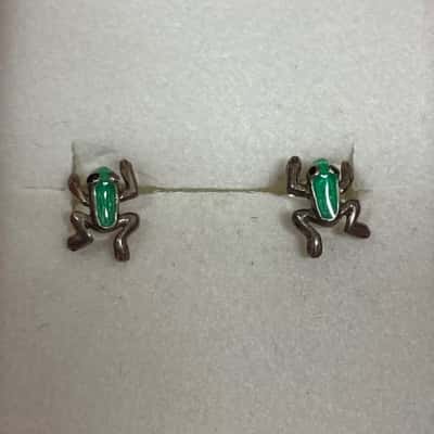  Sterling Silver 925 & Green Enamel Frog Stud Earrings