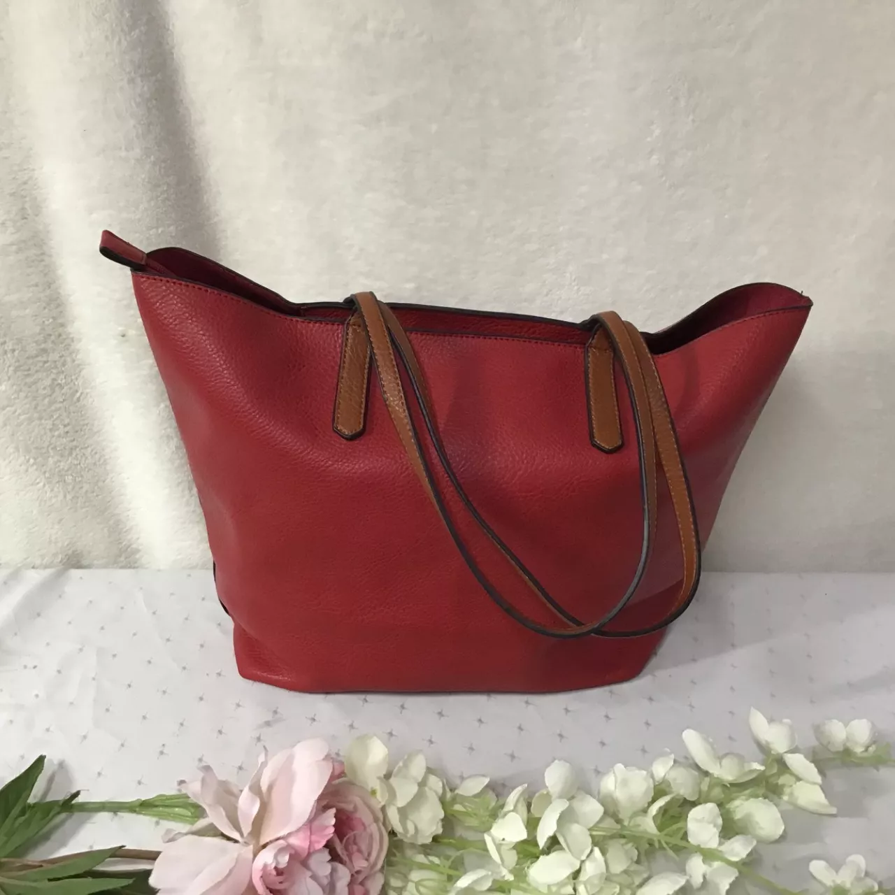 Womens Textured Red Tote Bag with Brown Straps
