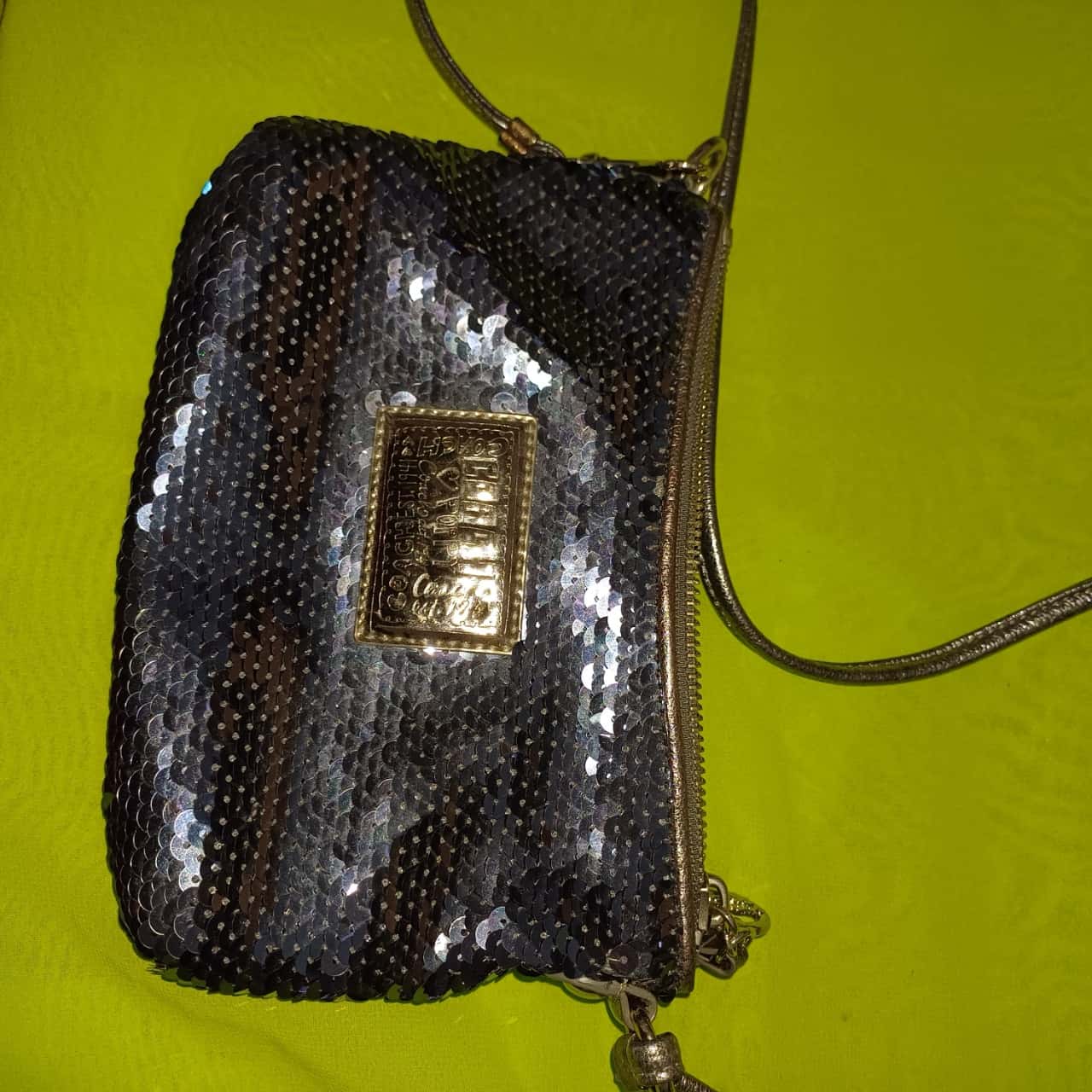 COACH Sequin Blue Silver Leather Cross body Bag POPPY Pouch Dark
