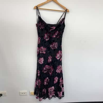 Forever New Black Purple Floral Mesh Midi Dress Size 12 