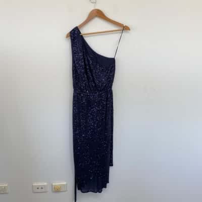 Portmans Midnight Blue Sequin One Shoulder Midi Dress Size 12 