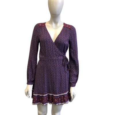 Tigerlily Women's Size 8 Long Sleeve Mini Wrap Dress Red & Blue Pattern 