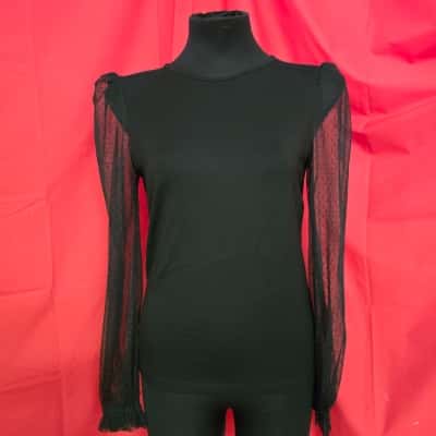 Review Womens  Size 8 Black Top with Sheer Dot Sleeves