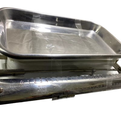 vintage mechanical kitchen scale is a mid-century Henry Lane or Krups Perla style household scale featuring a white enameled base and a prominent chrome weighing tray with a sliding weight beam