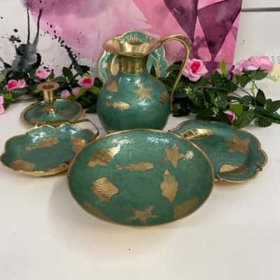 Brass & Enamel Set/6 Sea shells/Fish Style Condiment Set 