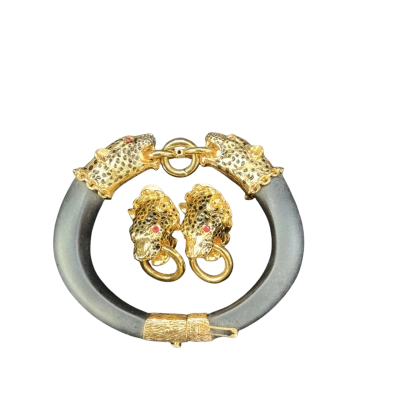  Vintage Franklin Mint panther bangle and earrings 22k plate