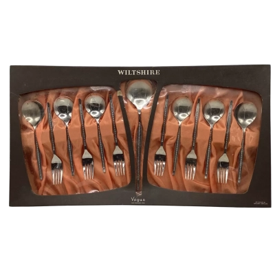 Vintage Wiltshire “Vogue” 6 Dessert Fork & Spoon set with Serving Spoon , Stainless Steel, in original box (box does have some damage) (BRICA Shelf)