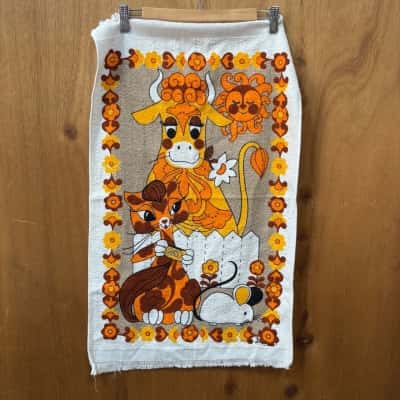 Vintage Cow, Cat & Mouse Tea Towel 