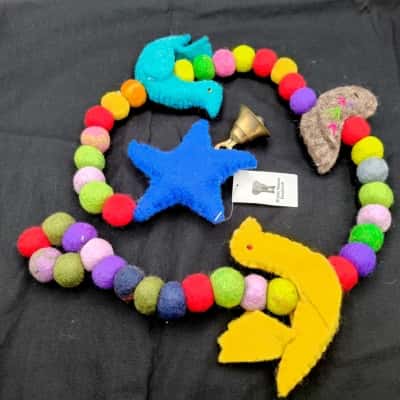 Very Unusual Hand Made In Nepal Mithila Women Handicraft Felt Hanging Ornament With Animals, Star & Brass Bell - "Fair Trade, No Child Labour"  (brica1)