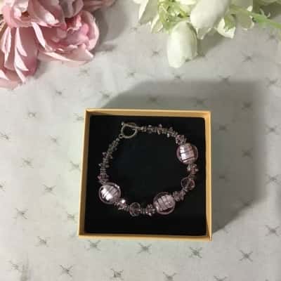 Decorative Womens Silver Toned / Pink Glass Beads Toggle Clasp Bracelet 
