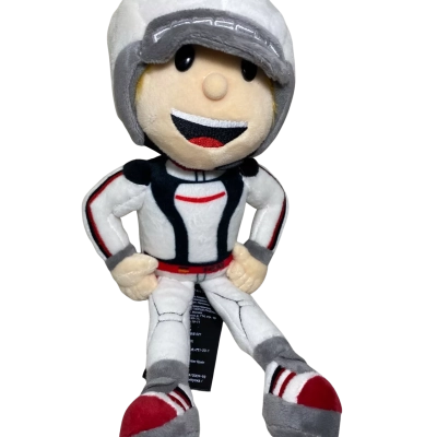 Porsche Tom Targa plush figure is a 30 cm souvenir toy featuring the brand mascot in a white racing suit with a removable helmet.