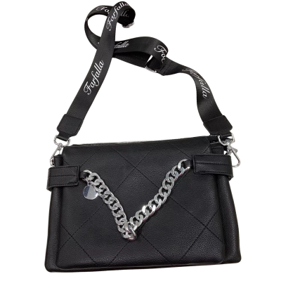 Farfalla - Black Quilted Style Crossbody Bag with Chunky Chain 
