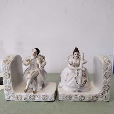 Vintage Porcelain Musician Bookends - Mid-Century Style - Man & Woman