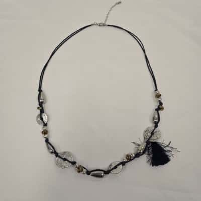  Womens Necklace Blue Black Knotted Cord and Silver Metal Coin Bead