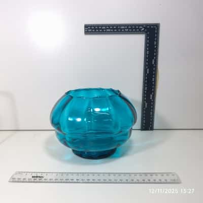 Blue Glass Blown Undulated Rim Candy Dish Vintage 