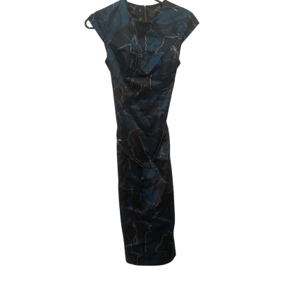 Women’s Cue  Size 6 Midi Dress Black lace  / Blue Floral With Belt