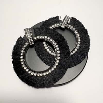   Fashion Round Stud Earrings with Black Tassels & sparkling crystal rhinestones