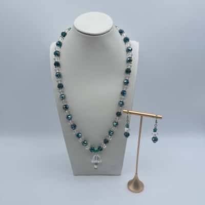  Vintage Aurora Borealis Green & Clear beaded Necklace & Drop Earrings Set
