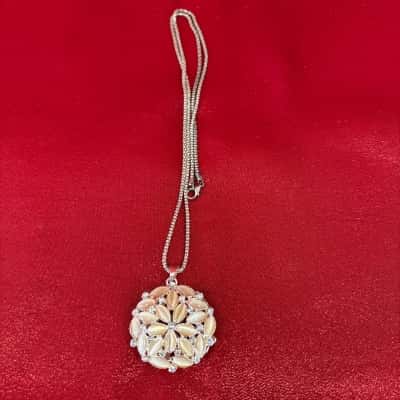  Women's Round Floral Pendant featuring Rhinestone Accents on Complimentary Chain Necklace 