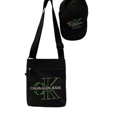 Calvin Klein Jeans Bundle  - Mens Black  / Green / Silver Cap and Flat pack Messenger Bag
