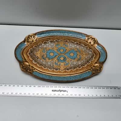 Vintage Florentine Style Gold & Turquoise Ornate Oval Vanity Serving Tray