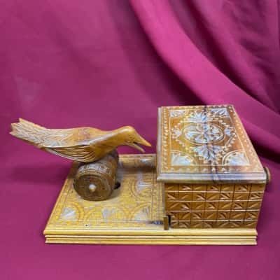 Vintage Wooden Carved Mechanical Bird Cigarette Dispenser 