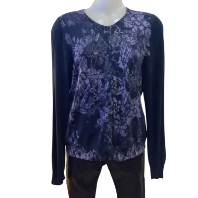 Coldwater Creek.  Navy with Mauve Floral Front Cardigan.    Size L 