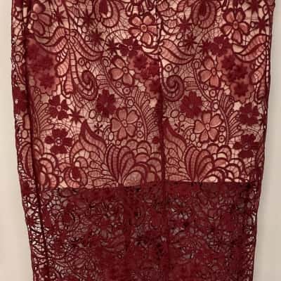 Reiss Burgundy Flo Sheer Lace Midi Pencil Skirt Woman’s Size 12