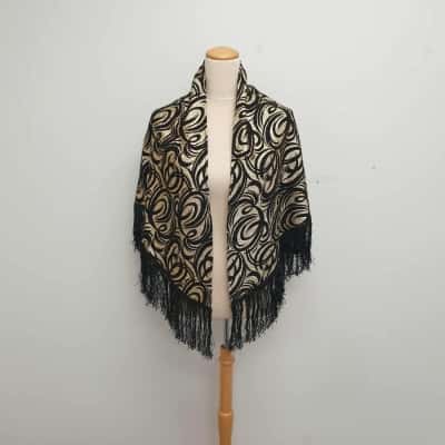 Gorgeous Black & Metallic Gold Swirl Pattern /Piano Style /Scarf /Shawl /Wrap with Black Fringe Ends 