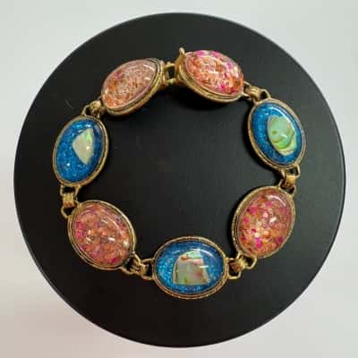  Vtg. Bracelet Gold Tone Pink & Blue Glitter Resin