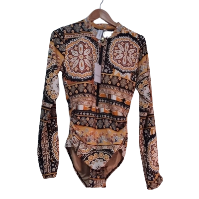 NEW Sunsoaked Giava Ruched Long Sleeve One Piece Suit - Size 14 - Multi-coloured Orange Brown Patterned