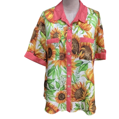NEW - Love Bonfire  Womens  Size 14 / XL Short Sleeve Shirt with Sunflowers/ Green / Orange / Pink  / Yellow 