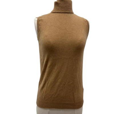 Johnstons of Elgin 100% Cashmere Sleeveless Turtleneck Knit Camel XS Made in Scotland