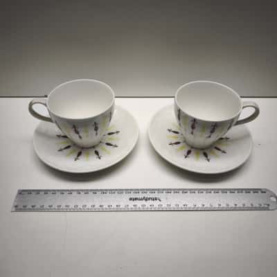 Vintage Mid-Century Japanese Ceramic Teacup & Saucer Set Pairs Retro Atomic Pattern