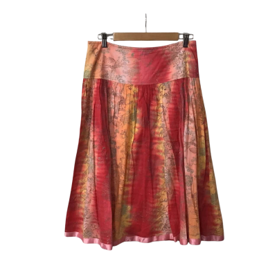 Simona Sport Womens Size 12 Red / Orange / Coral / Gold Pattern A-Line Midi Skirt 