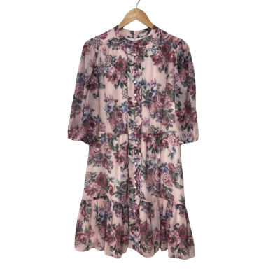 Review Womens  Size 12 Floral Dress / Midi Dress / Short Sleeve Dress  Floral / Green / Maroon / Pink  