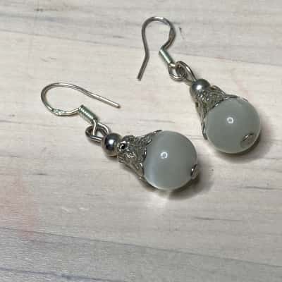 Silver White Bead Drop Earrings 925