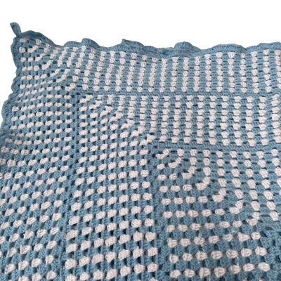Hand Crocheted Acrylic Throw rug in blue and white.