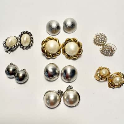 Vtg. Collection of 8 Clip On Earrings Black  / Cream / Gold / Silver 