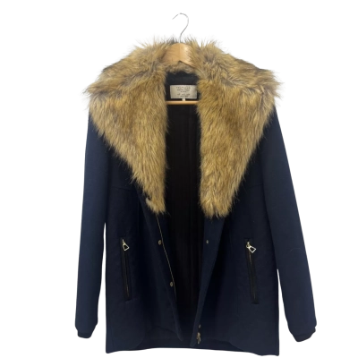 Zara Womens  Size S Winter Coat with detachable fur collar / Navy Blue 
