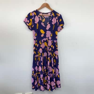 Mister Zimi Purple Floral Short SLeeve Midi Dress  Size 6 
