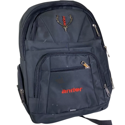 Antler brand black backpack features a distinctive silver deer antler logo.