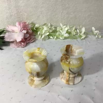 Pair of White / Brown / Yellow Pattern Onyx Vases / Candleholders 