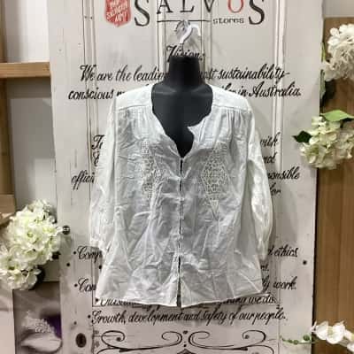Marie Louise de Monterey Brand! BOUTIQUE LABEL BUTTON UP EMBROIDERED TRIMMED LONG SLEEVE SHIRT! BNWT RRP $275.00!! Womens  Size 8 Button Up Top / Long Sleeve Shirt / Long Sleeve Top White 