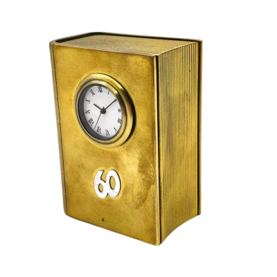 Vintage Miniature Brass Clock (Not Tested/Needs Battery) In The Style Of Library Book With 60 On The Front - Note There Is Some Marking On The Back Where A Sticker Was 7cm Height x 5cm Width x 3cm Depth 284g Weight (watches)