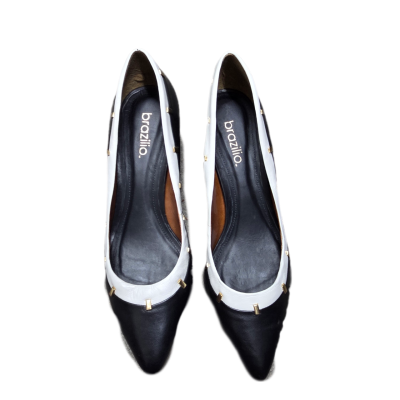 Brazilla Black & White Gold Studded Pointed Toe Kitten Heels