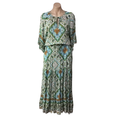 Silver Wishes Womens Size 14 White / Green / Blue / Brown Pattern Short Sleeve Maxi Dress 